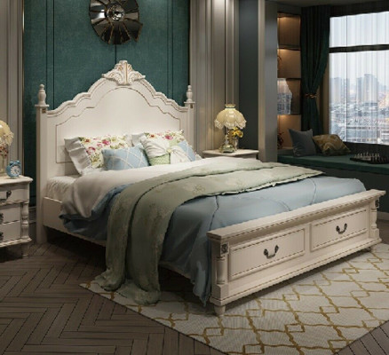 Diseño de cama de lujo Cama doble de diseño de hotel Muebles de madera barroca real Nuevos de madera maciza