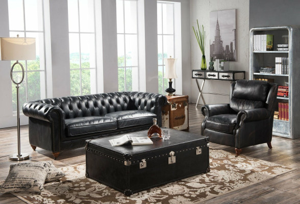 Sofá Chesterfield de 3 plazas con sillón de cuero vintage negro, estilo de muebles en 2 piezas. Nuevo.