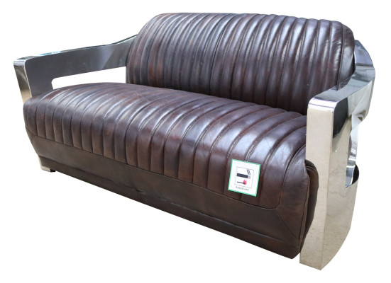 Sofá vintage de cuero con estructura de aluminio Sofá de tres plazas Sofá de cuero genuino Sofás Sofá plateado