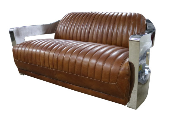 Sofá vintage de 2 plazas, sofá de cuero de estilo retro, cuero genuino, remaches de aluminio, muebles.
