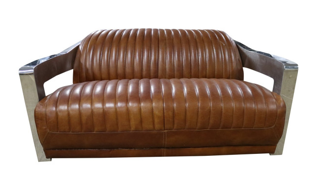 Sofá vintage de 2 plazas, sofá de cuero de estilo retro, cuero genuino, remaches de aluminio, muebles.
