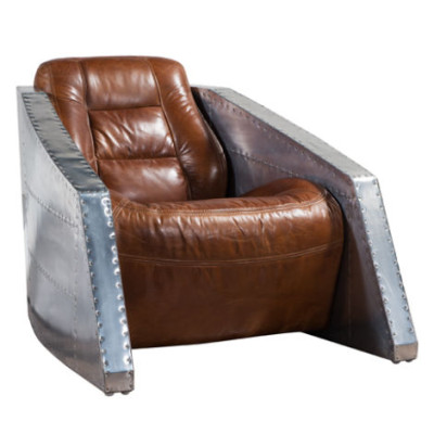 Sillón de cuero de diseño de avión, sillón de club de cuero, sillón de aviador vintage