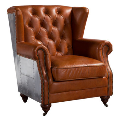 Sillón orejero de auténtico cuero vintage tipo cigarro, sillón orejero para televisión, sillón de cuero.