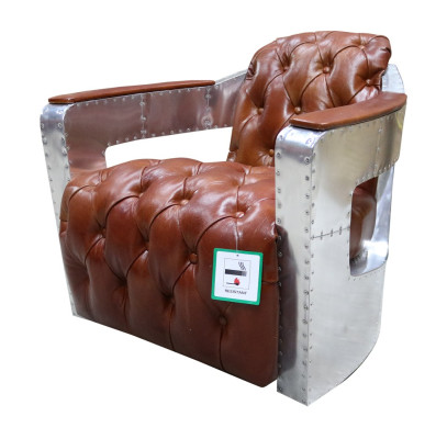 Chesterfield Sillón Botón Cerrado Sentarse Desgastado Vintage Bronceado Cuero genuino