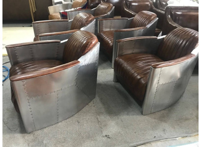 Sillón Cuero genuino Sofá de diseño Club de salón Retro Aviador Vintage Aluminio