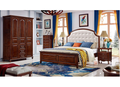 Juego de dormitorio con cama, 2 mesitas de noche y armario clásico de 4 piezas.
