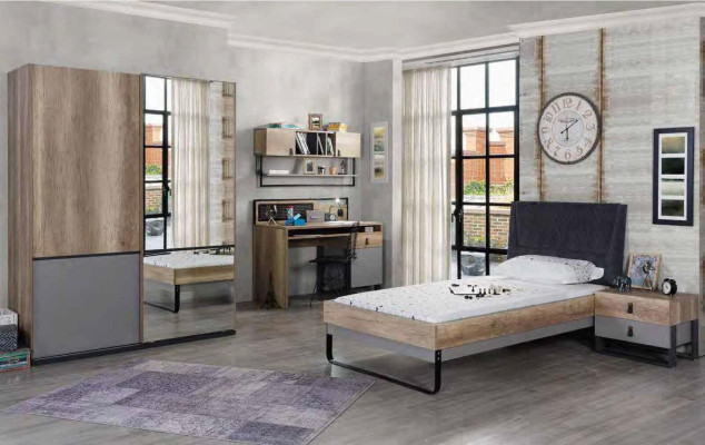 Juego completo de dormitorio juvenil para niños, mesa, cama, armario, mesita de noche, set de 4 piezas.