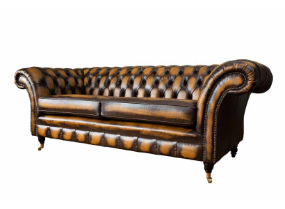 Sofá marrón de 3 plazas diseño Chesterfield tapizado asiento de cuero nuevo.