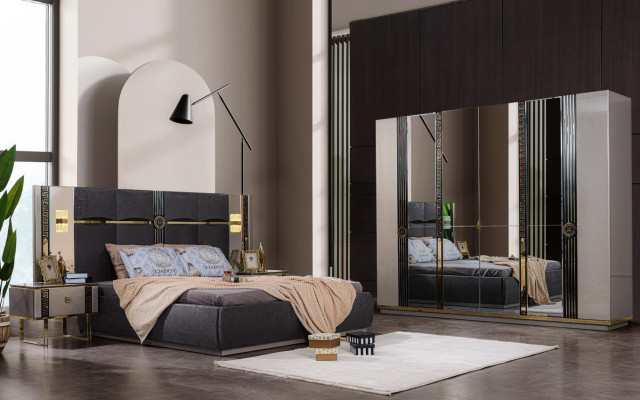 Muebles de dormitorio de lujo, cama doble, mesitas de noche, gris, juego de 4 piezas, armario, cama.