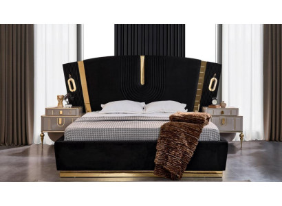 Conjunto de dormitorio cama doble mesitas de noche 3 piezas lujo negro