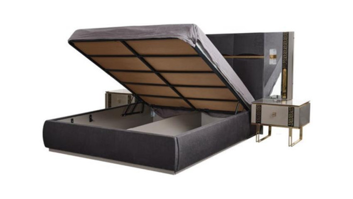 Muebles de dormitorio de lujo, cama doble, mesitas de noche, gris, juego de 4 piezas, armario, cama.