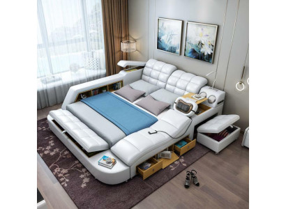 Cama doble estanterías de cuero acolchado camas multifunción con función de masaje Nuevo