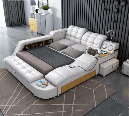 Cama doble estanterías de cuero acolchado camas multifunción con función de masaje Nuevo