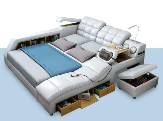 Cama doble estanterías de cuero acolchado camas multifunción con función de masaje Nuevo
