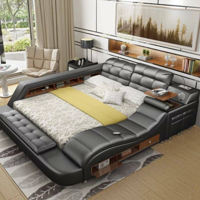 Cama doble con estantes de cuero acolchado. Camas multifunción con nueva función de masaje.