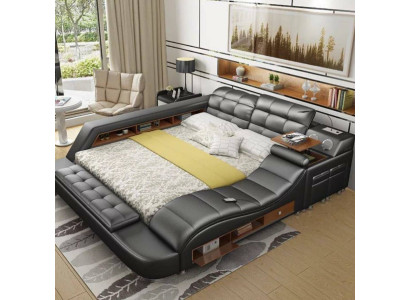 Cama doble con estantes de cuero acolchado. Camas multifunción con nueva función de masaje.