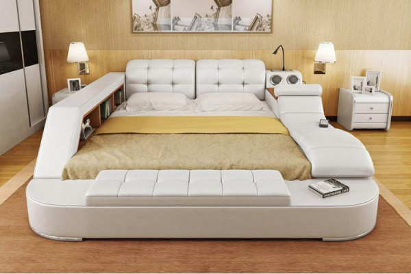 Cama doble con estantes de cuero acolchado. Camas multifunción con nueva función de masaje.