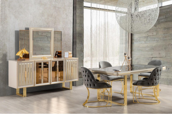 Grupo de comedor de lujo Juego de comedor Muebles de comedor Mesa de comedor Sillas Conjunto de 9 piezas Beige