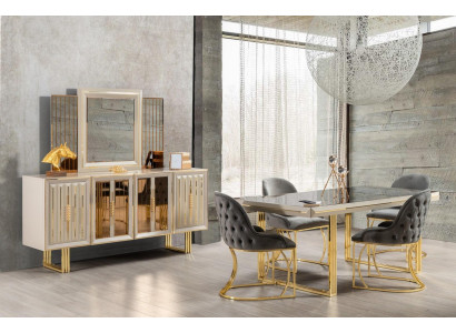 Grupo de comedor de lujo Juego de comedor Muebles de comedor Mesa de comedor Sillas Conjunto de 9 piezas Beige