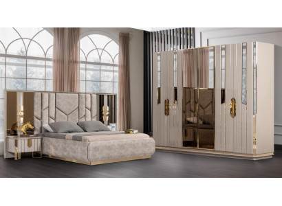 Conjunto de dormitorio Cama doble Cama Mesitas de noche Beige 4 piezas Armario
