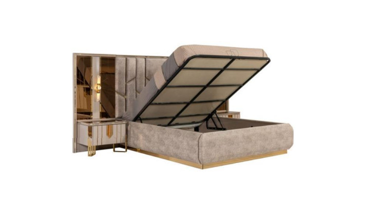 Conjunto de dormitorio Cama doble Cama Mesitas de noche Beige 4 piezas Armario