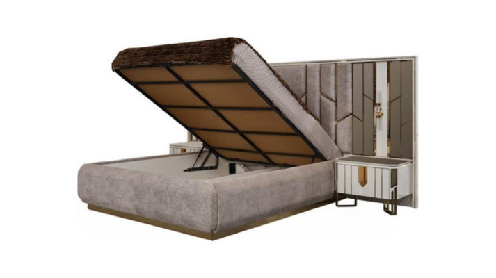 Conjunto de dormitorio Cama doble Cama Mesitas de noche Beige 4 piezas Armario