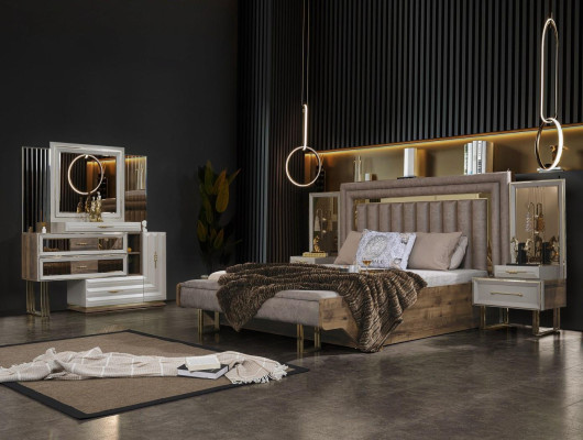 Muebles de dormitorio Cama doble Cama Mesitas de noche Consola Beige 4 piezas Lujo