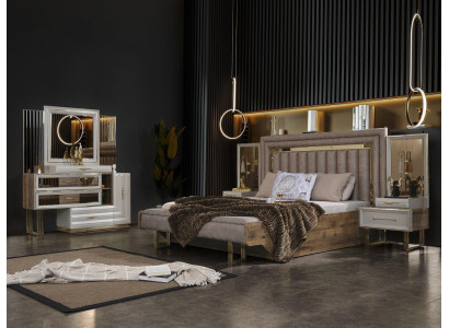 Muebles de dormitorio Cama doble Cama Mesitas de noche Consola Beige 4 piezas Lujo