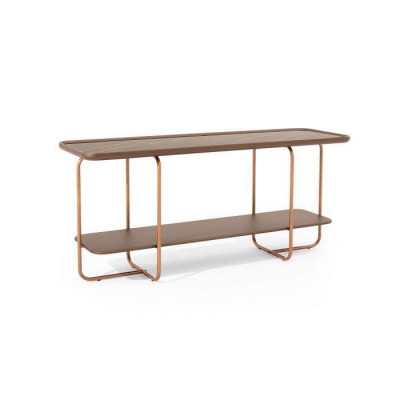 Moderna mesa de consola color oro con encimera de porcelana elegante.