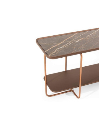 Moderna mesa de consola color oro con encimera de porcelana elegante.