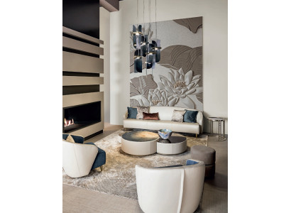 Sofá de sala de estar, 2 sillones, mesa de centro, taburete, diseño de muebles Bizzotto, nuevo conjunto de 5 piezas.