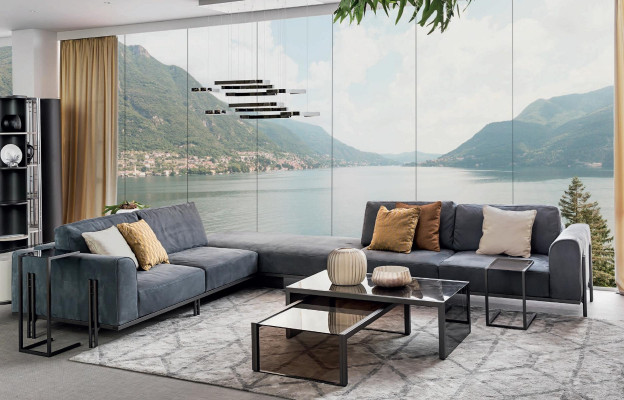 Conjunto de sofás esquineros en forma de L con muebles de madera maciza, diseño de sofá, muebles de Italia.