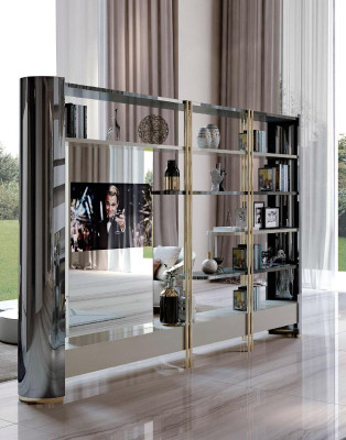 Diseño de pared de televisión Bizzotto, estanterías de salón, vitrina, muebles de armario, diseño de unidad de salón.