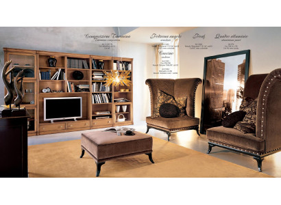 Sala de estar estilo moderno, sala de estar mural 3 piezas, taburete, 2 sillones, muebles de Italia.