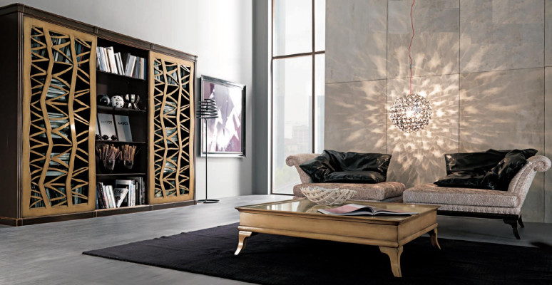 Conjunto de sala de estar, muebles de pared, 2 sillones, mesa de centro, madera, 3 piezas, lujo, Italia, nuevo.