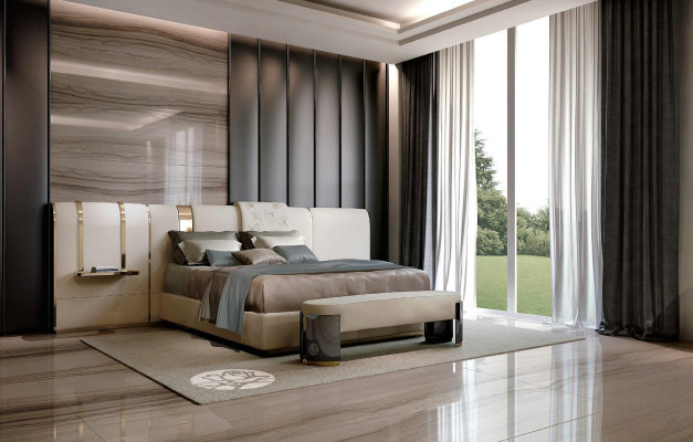 Dormitorio de lujo cama matrimonial diseño de muebles italiano Bizzotto camas tapizadas