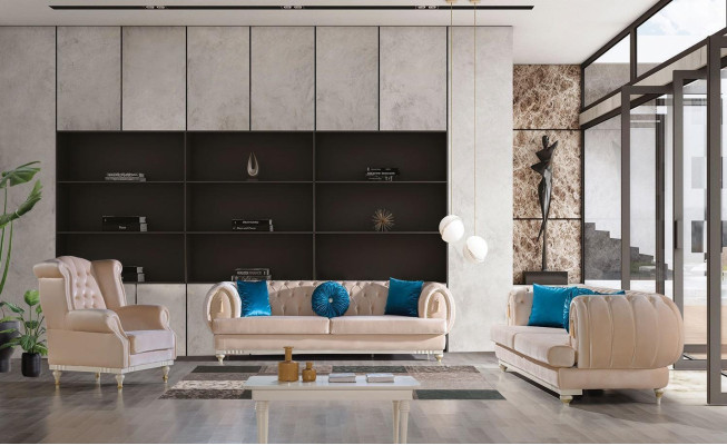 Conjunto de sofás beige de lujo de 3+2+1 plazas en estilo elegante.