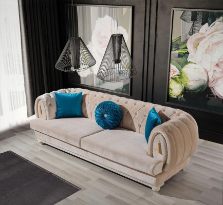 Conjunto de sofás beige de lujo de 3+2+1 plazas en estilo elegante.