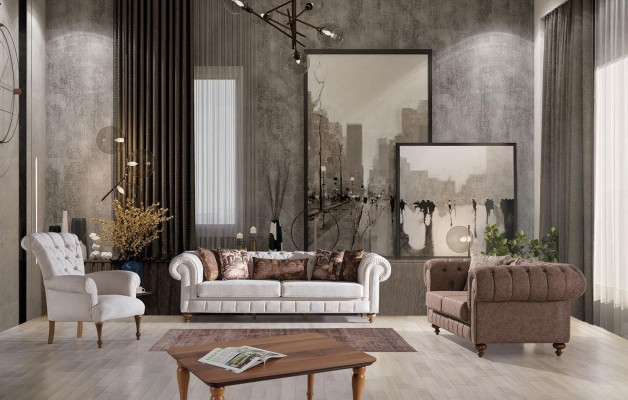 Conjunto de sofás Chesterfield marrón y blanco, diseño de lujo, conjunto de lujo 3+2+1