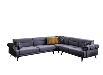 Sofá de esquina gris exclusivo en forma de L, sofá de diseñador para la sala de estar moderna.