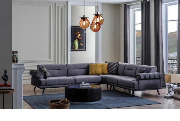 Sofá de esquina gris exclusivo en forma de L, sofá de diseñador para la sala de estar moderna.
