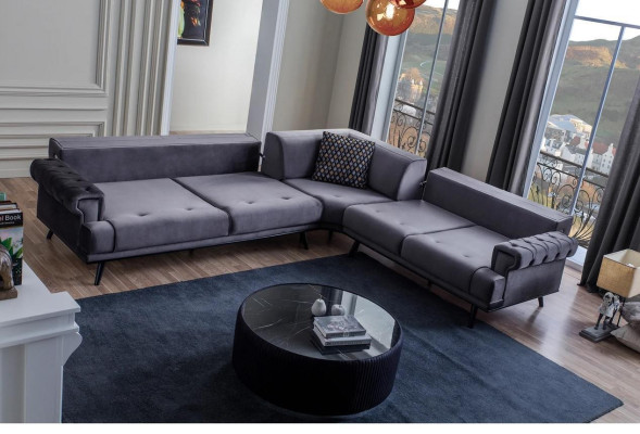 Sofá de esquina gris exclusivo en forma de L, sofá de diseñador para la sala de estar moderna.