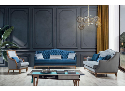 Moderno conjunto de sofá Chesterfield azul diseñado con lujo de tres plazas