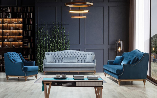 Sillón Chesterfield de lujo azul, salón de estar, salón, muebles de diseñador nuevos.