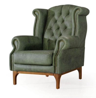 Silla de lujo Chesterfield verde, sillón tapizado de diseño con apoyabrazos.