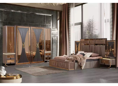 Sofá de lujo beige, conjunto de dormitorio cama doble beige de 5 piezas.