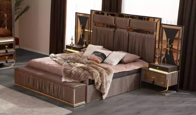 Sofá de lujo beige, conjunto de dormitorio cama doble beige de 5 piezas.