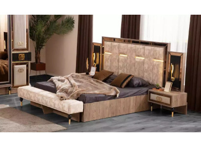 Cama de dormitorio cama doble Tela beige Mesitas de noche Set de 3 piezas Cama Nueva