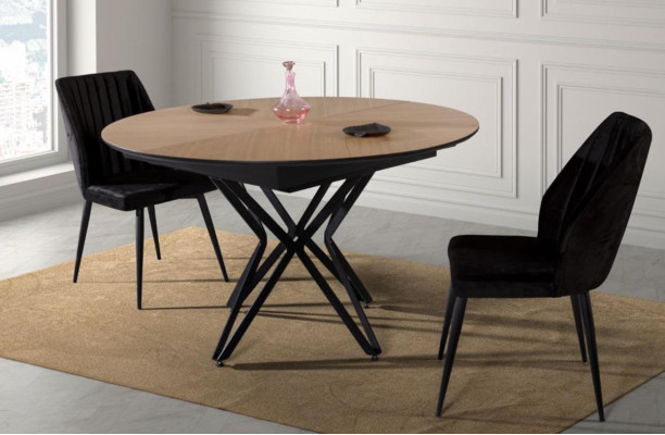 Mesa de comedor redonda extensible moderna de madera marrón.
