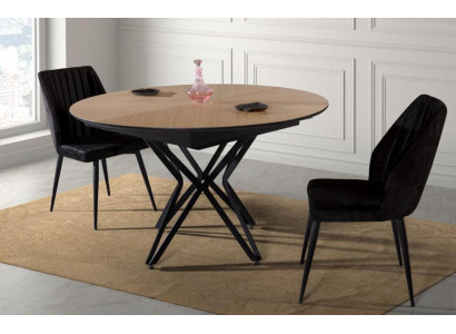 Mesa de comedor redonda extensible moderna de madera marrón.